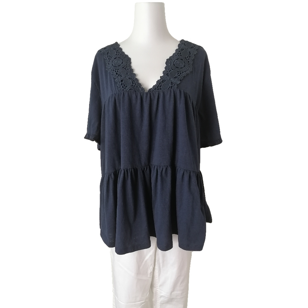 💙 3XL, loose navy polyester & cotton blend short sleeve top by maunces